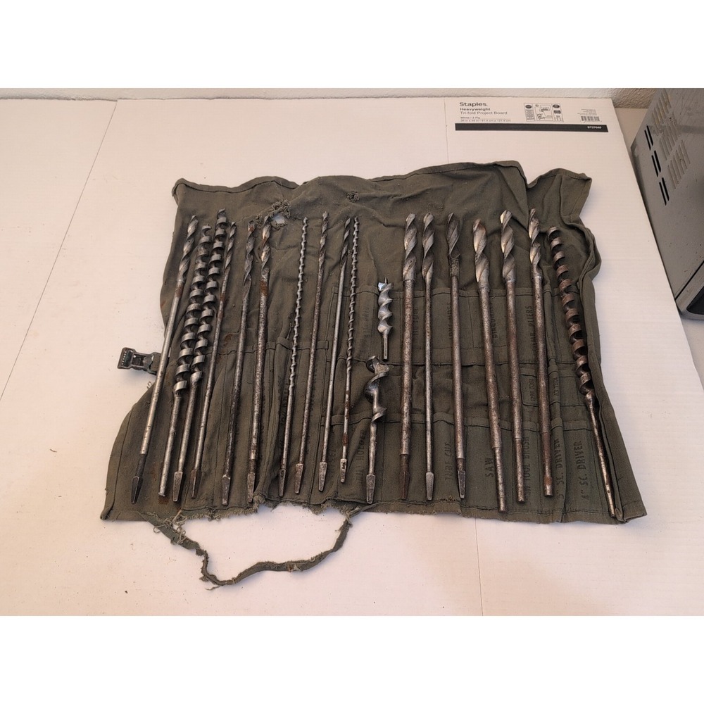 Lot Of 19 Vintage Antique Drill Bits Bell System Irwin Greenlee With Canvas Case